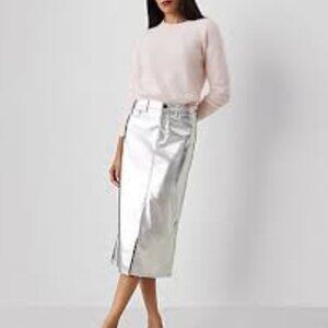 NWT Ann Taylor faux-leather column midi skirt in metallic silver, sz. S